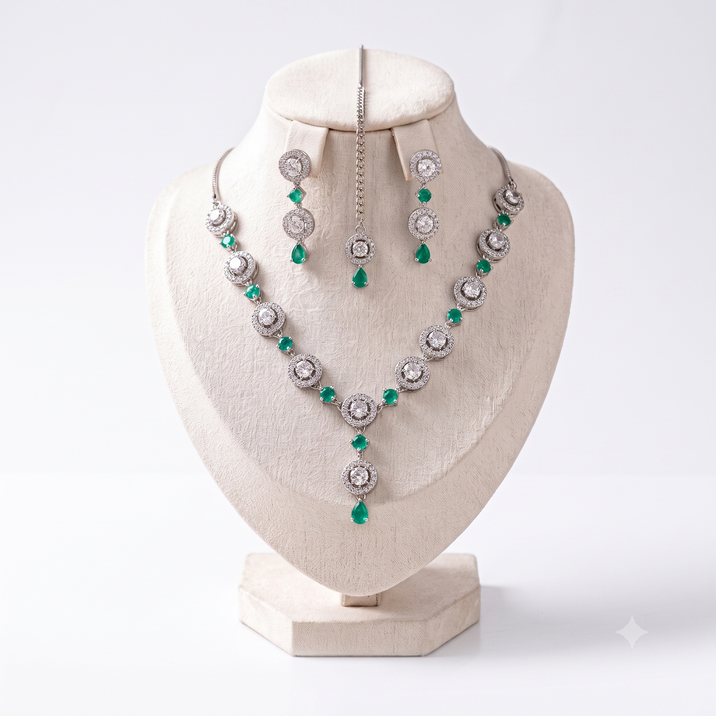 simple mint green necklace set with earrings and tikka displayed together showing soft detailing
