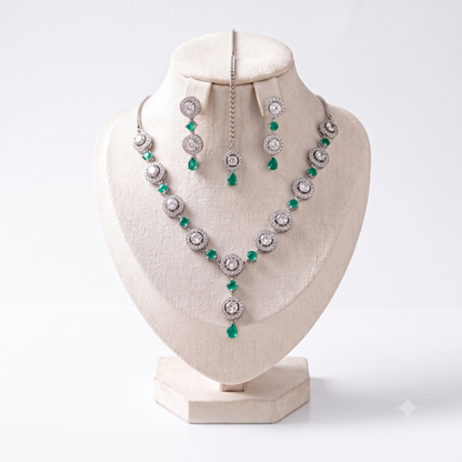 Simple Mint Green Necklace Set with Earrings and Tikka displayed together showing soft detailing