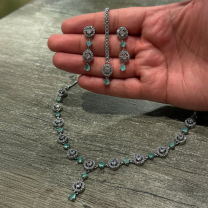 Tikka Set | Wedding Jewellery 2	Close-up of the Mint Green Necklace highlighting delicate craftsmanship and polished finish