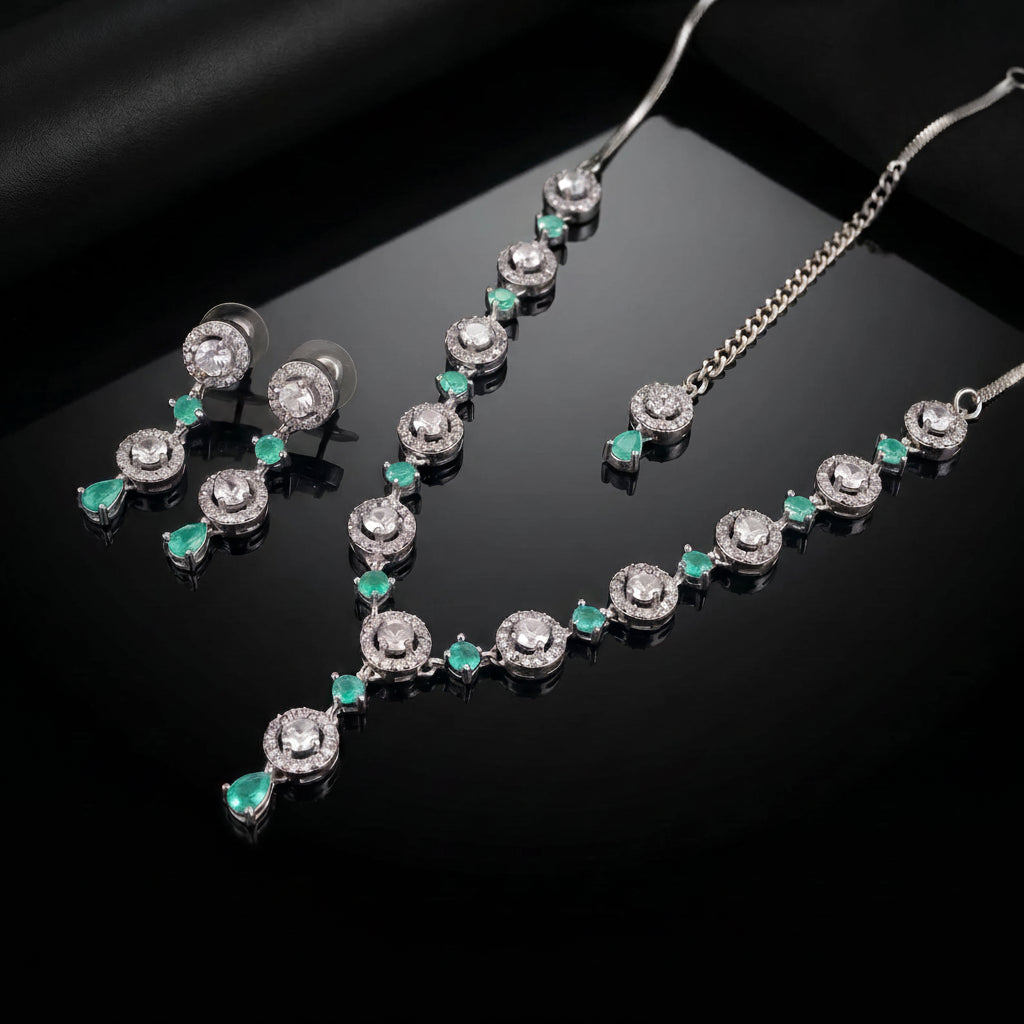 Mint Green Necklace Set styled elegantly on a mannequin for a wedding and party jewellery look