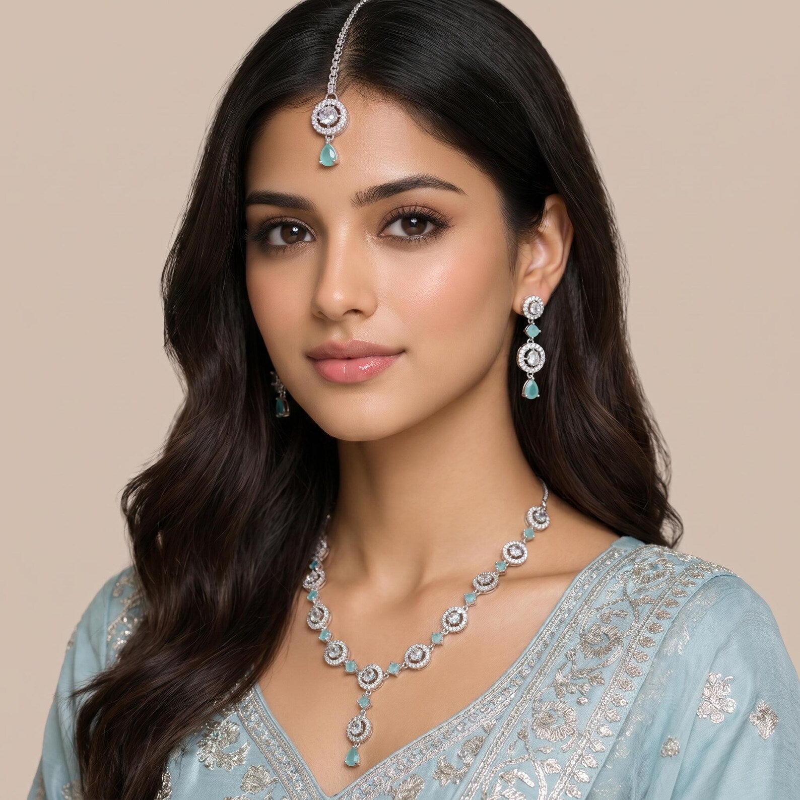Model wearing the Simple Mint Green Necklace, Earrings and Tikka Set for a complete festive look