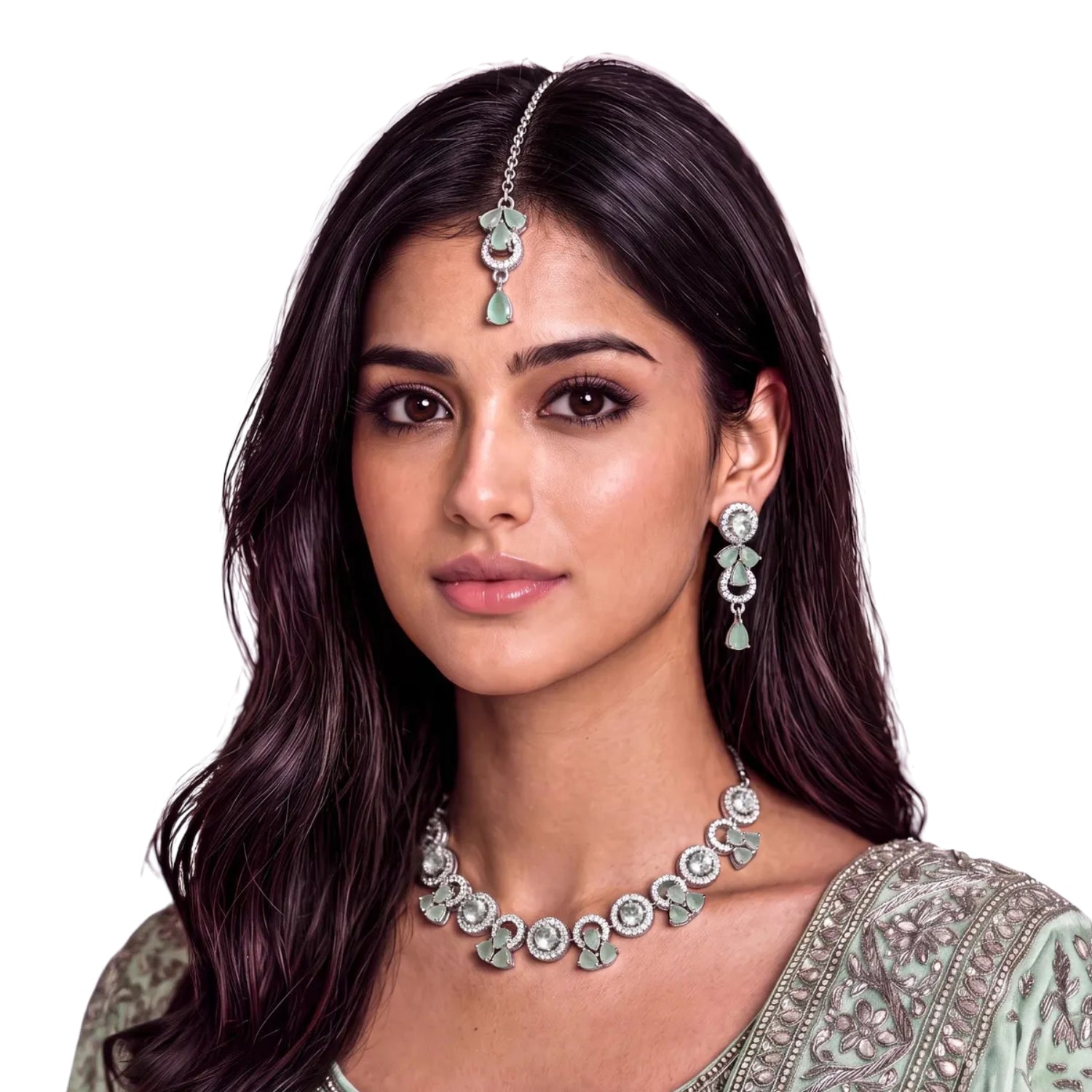 A close-up view of the silver and mint necklace, showing the metal detail and stone finish