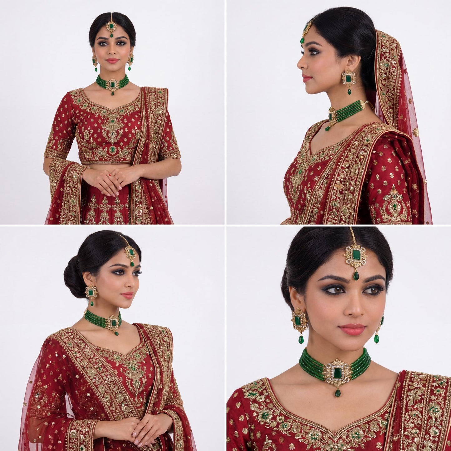 woman in a red and gold traditional outfit with simple green pakistani choker set on a white background pakistani jewellery