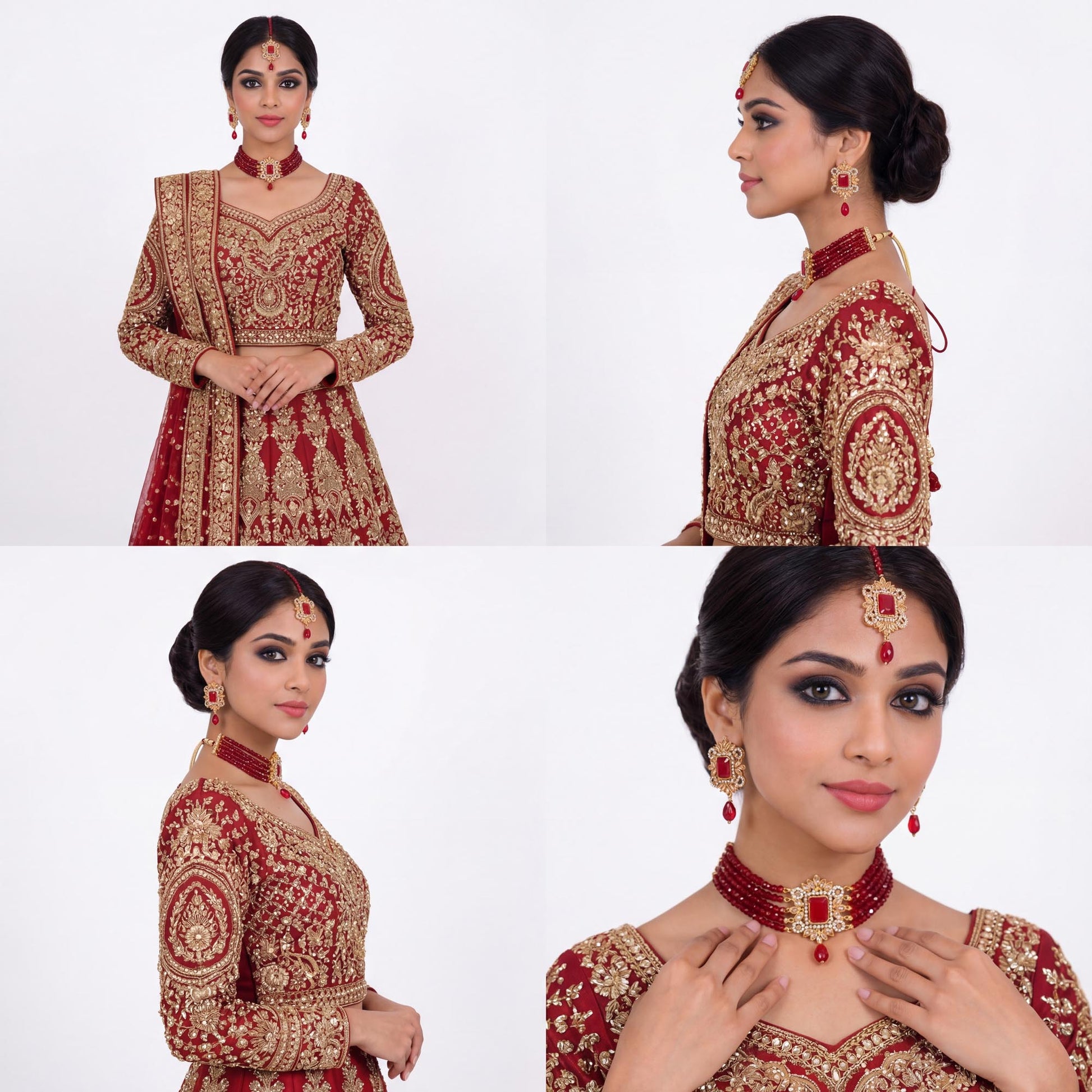 Woman wearing a traditional Maroon simple choker necklace set with earrings and tikka pakistani jewellery