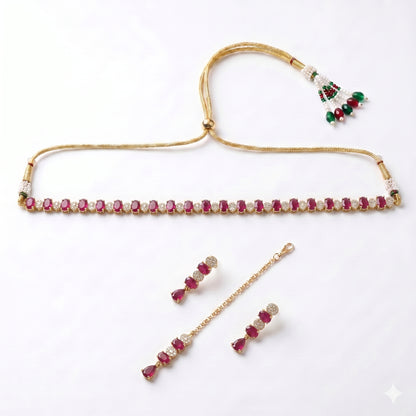 Ruby Choker Necklace Set with Earrings & Tikka | Indian Bridal Jewellery | Wedding Jewellery | Adjustable Choker