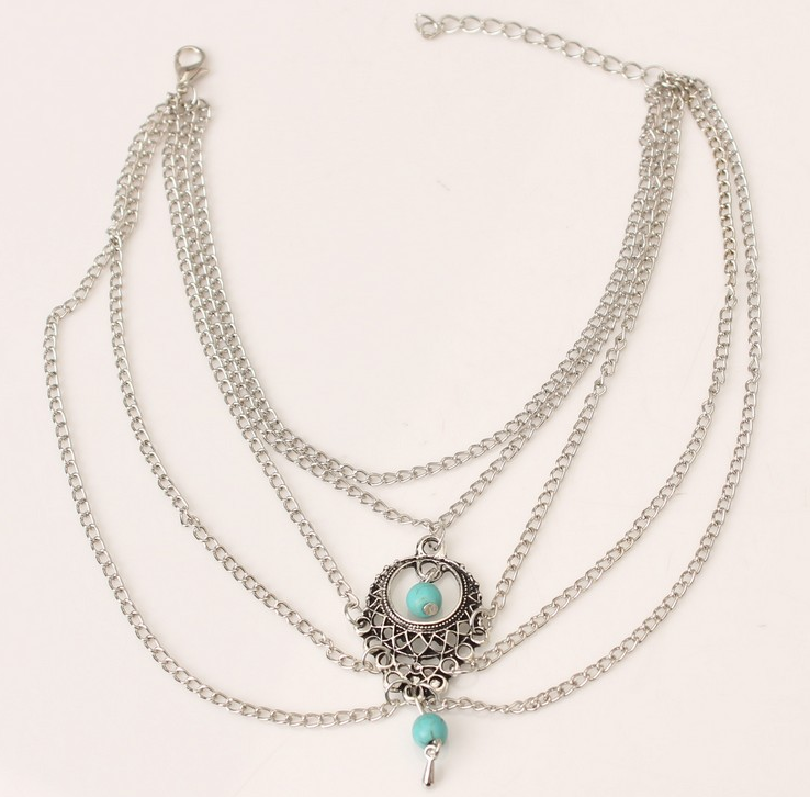 stylish bohemian anklets with silver chains and turquoise details, perfect for beachwear and everyday casual outfits