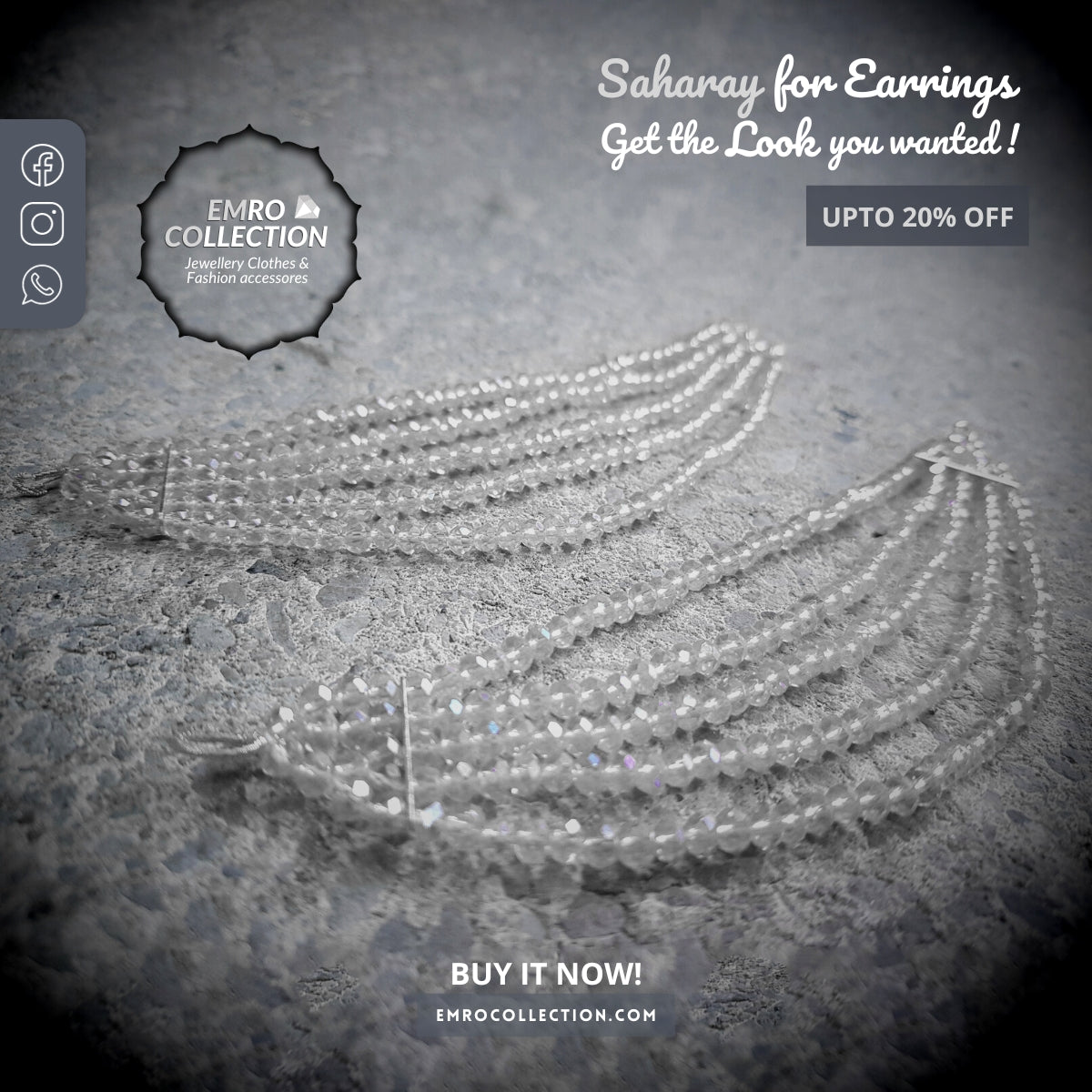 handcrafted white crystal saharay earrings with detachable 6-inch kaan chain, perfect for indian and pakistani bridal and festive outfits