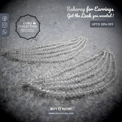 Handcrafted white crystal Saharay earrings with detachable 6-inch kaan chain, perfect for Indian and Pakistani bridal and festive outfits
