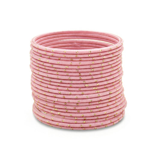 Model wearing baby pink bangles on wrist showing elegant slim stack in Pakistani bridal jewellery style indian jewellery