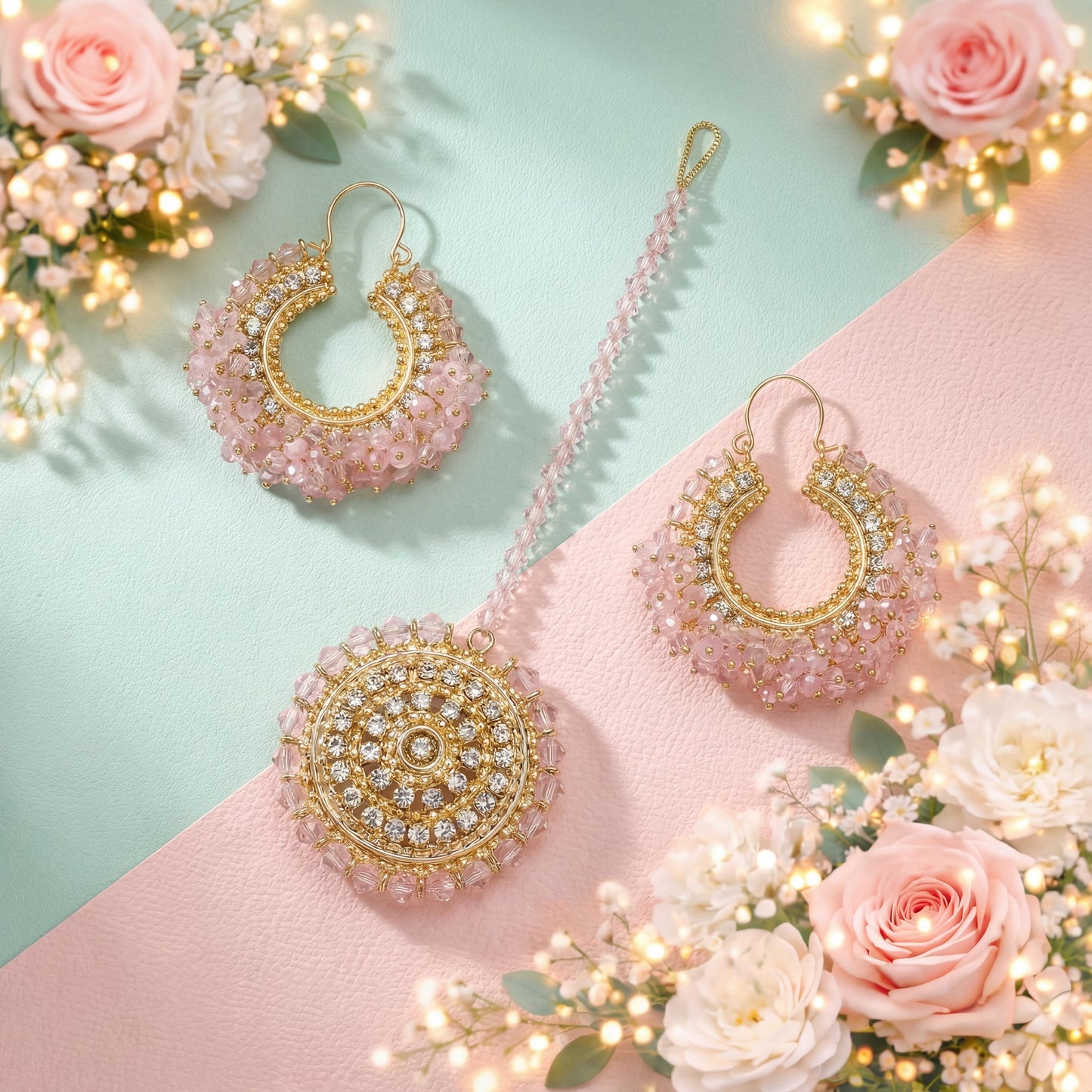 gold and pink earrings on a pink surface with flowers and lights
