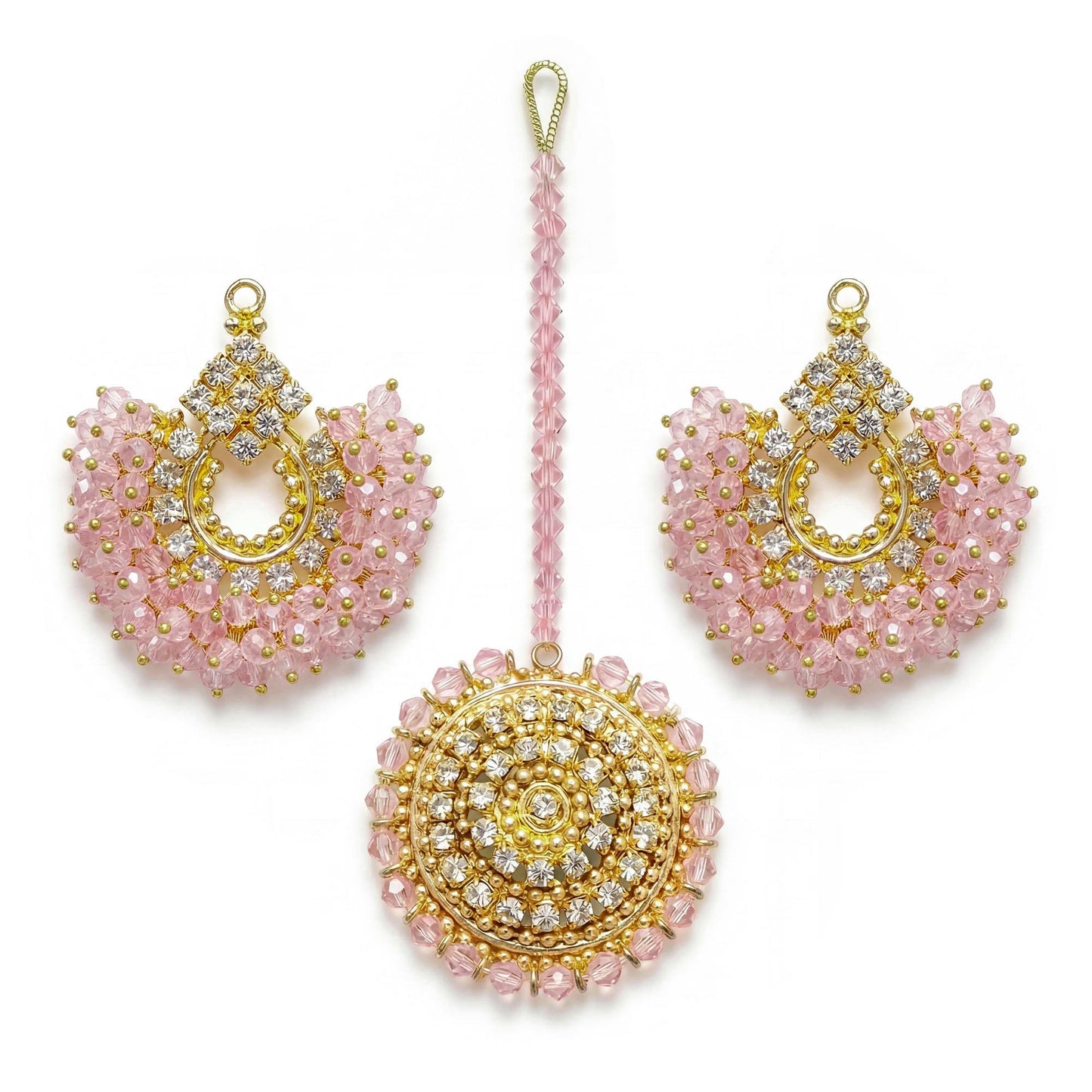 baby pink chand bali earrings and maang tikka on a white background - trending pakistani jewellery