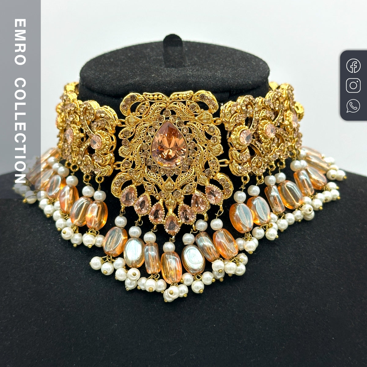 Traditional champagne Pakistani jewellery bridal choker set close view pakistani jewellery