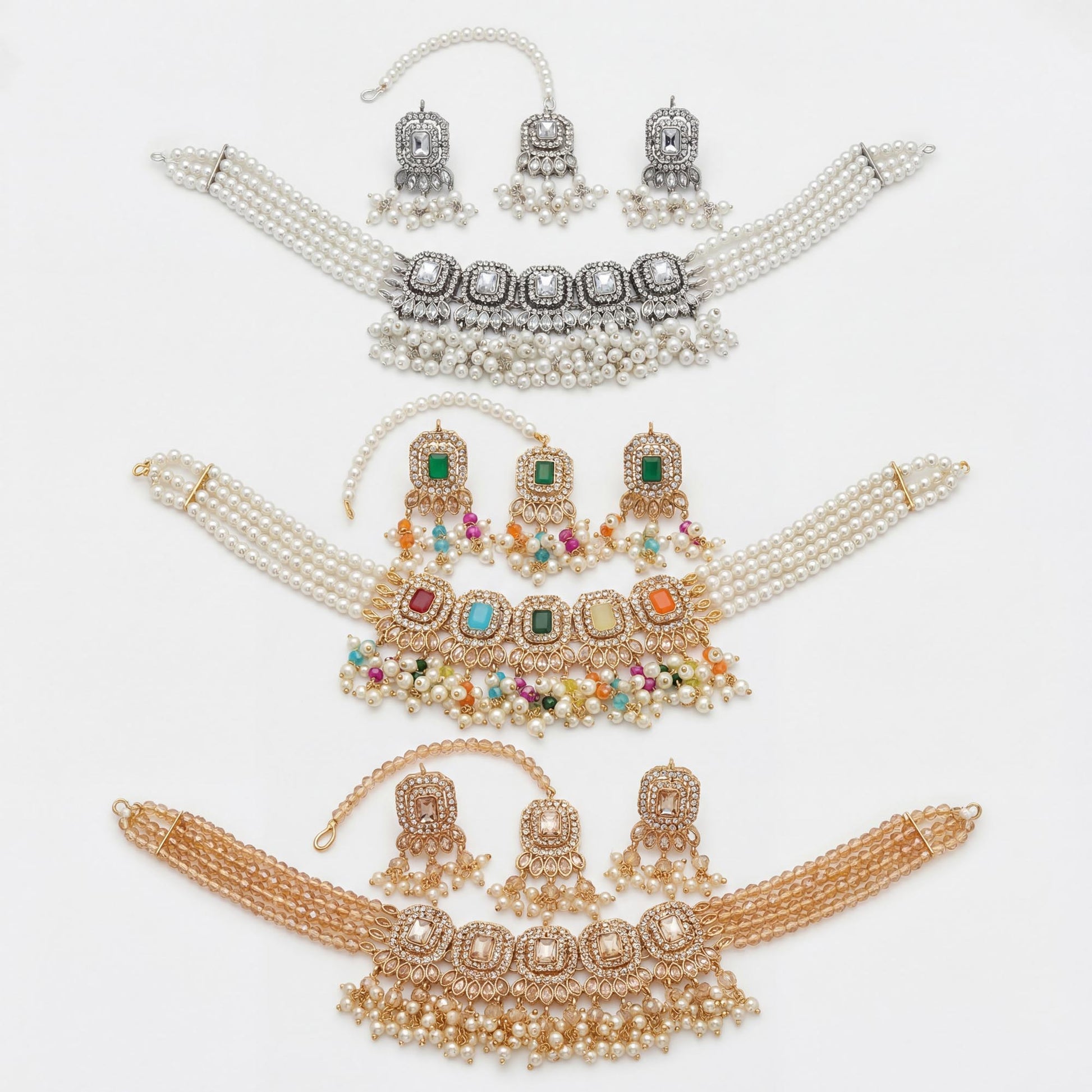 3 simple pakistani choker neckalce sets in silver, golden and multi colour. 