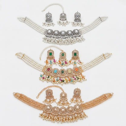 3 simple pakistani choker neckalce sets in silver, golden and multi colour. 