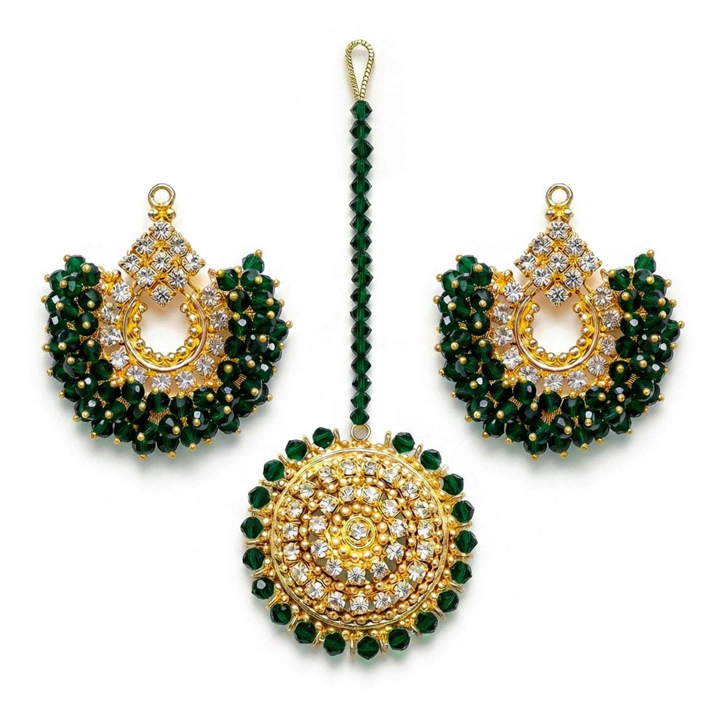 dark green chand bali earrings and maang tikka on a white background - trending pakistani jewellery