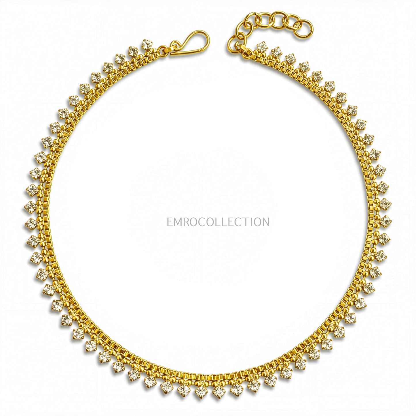 golden anklet payal on a white background, featuring 'emrocollection' branding. traditional indian and pakistani jewellery