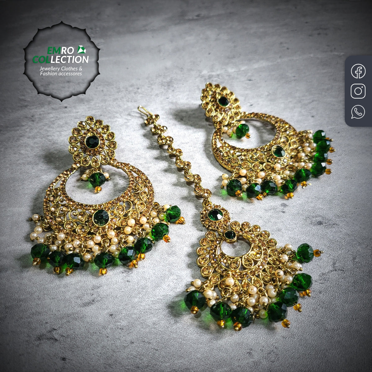 green maang tikka and earrings combo styled on a mannequin for a traditional pakistani bridal look