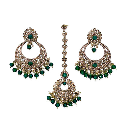Green Maang Tikka and Earrings Combo displayed together showcasing emerald stone detailing and gold tone finish