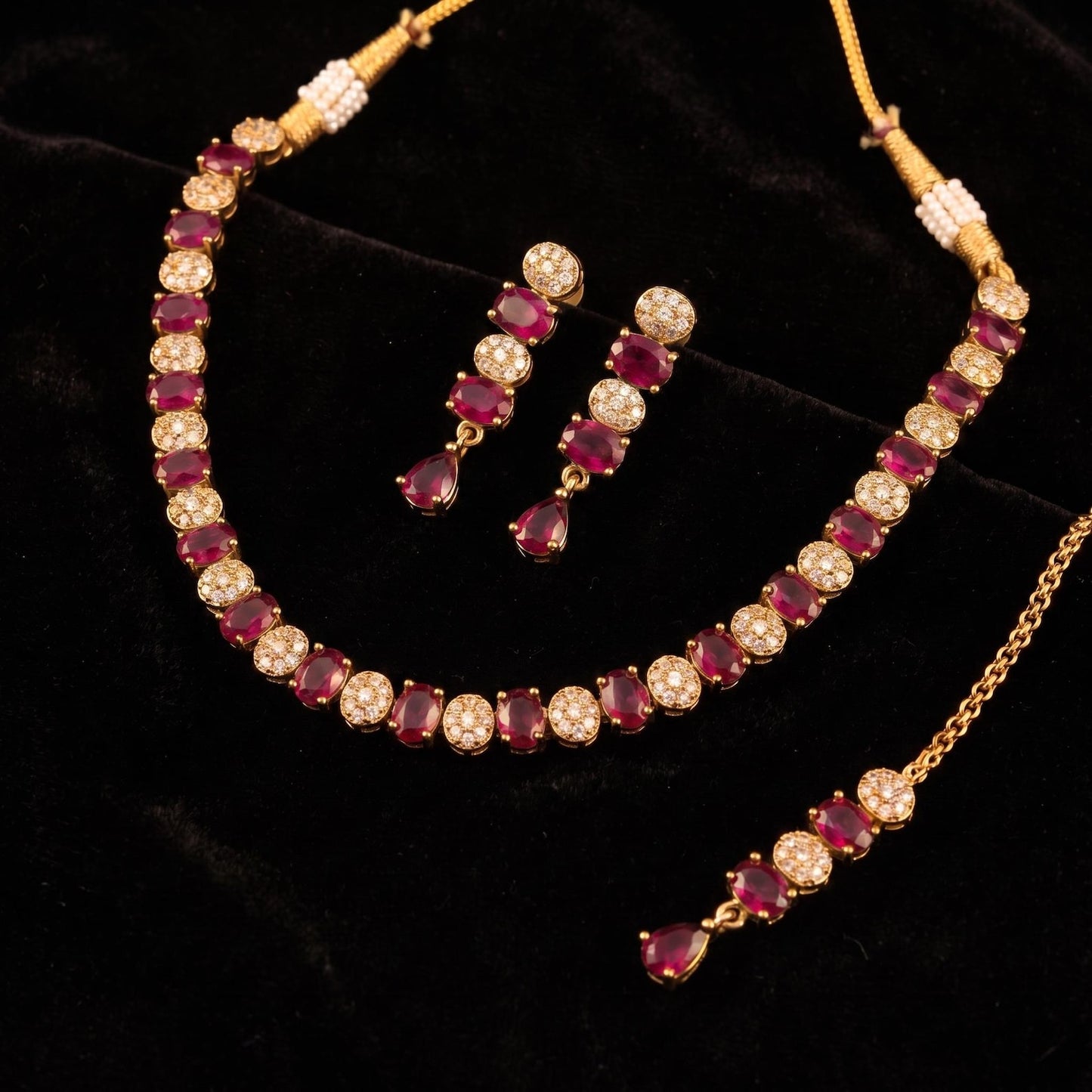 ruby choker necklace set with earrings & tikka | indian bridal jewellery | wedding jewellery | adjustable choker