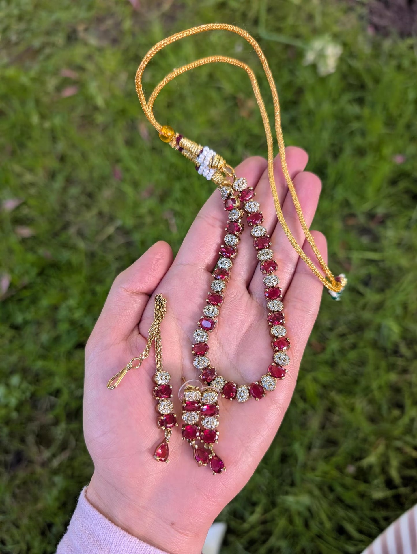 ruby choker necklace set with earrings & tikka | indian bridal jewellery | wedding jewellery | adjustable choker