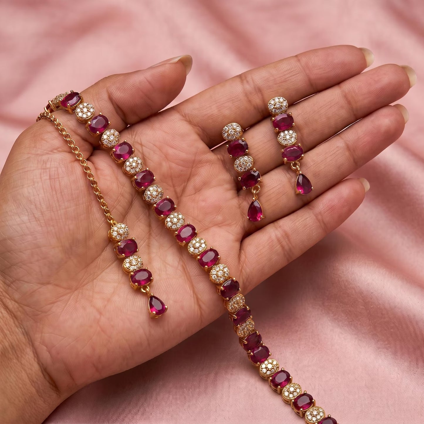 ruby choker necklace set with earrings & tikka | indian bridal jewellery | wedding jewellery | adjustable choker