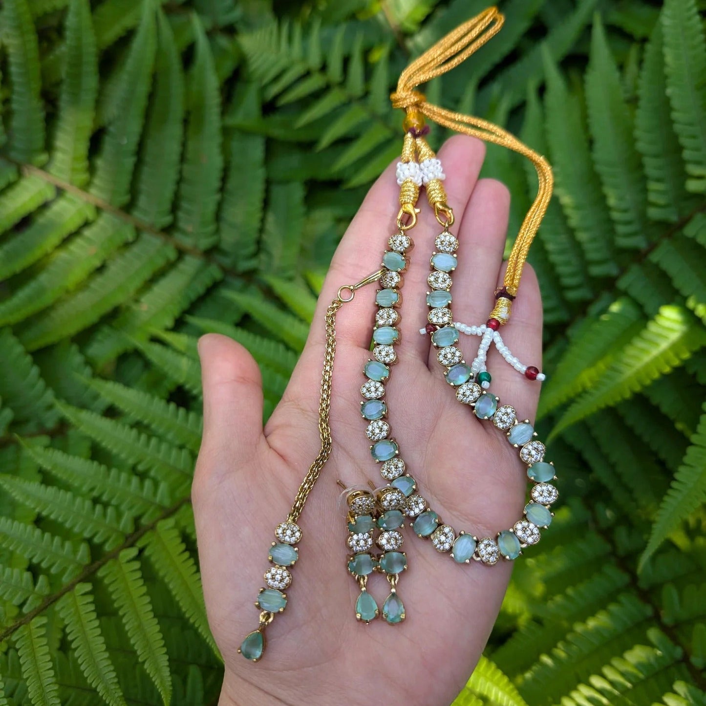 mint green choker necklace set with earrings & tikka | indian bridal jewellery | wedding jewellery | adjustable choker