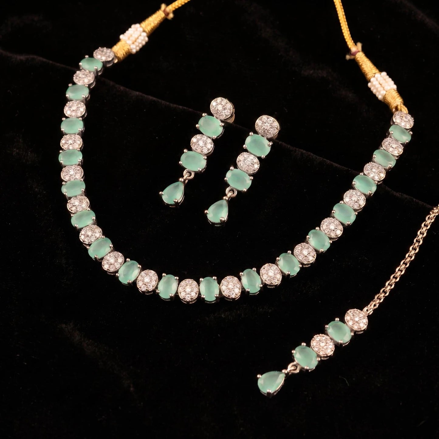 mint green choker necklace set with earrings & tikka | indian bridal jewellery | wedding jewellery | adjustable choker