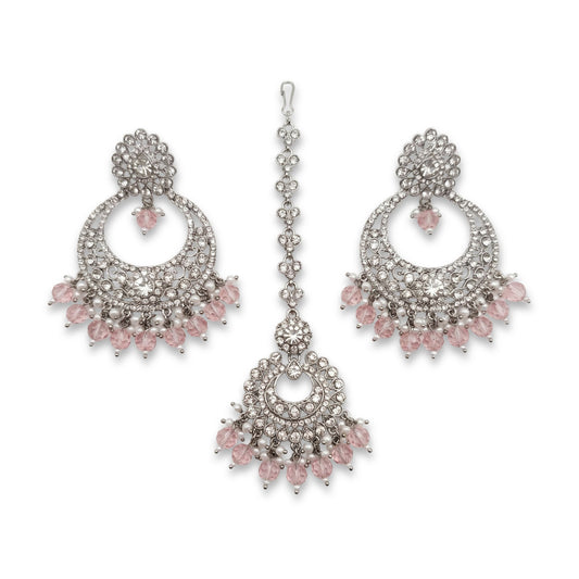 silver and baby pink earrings tikka set