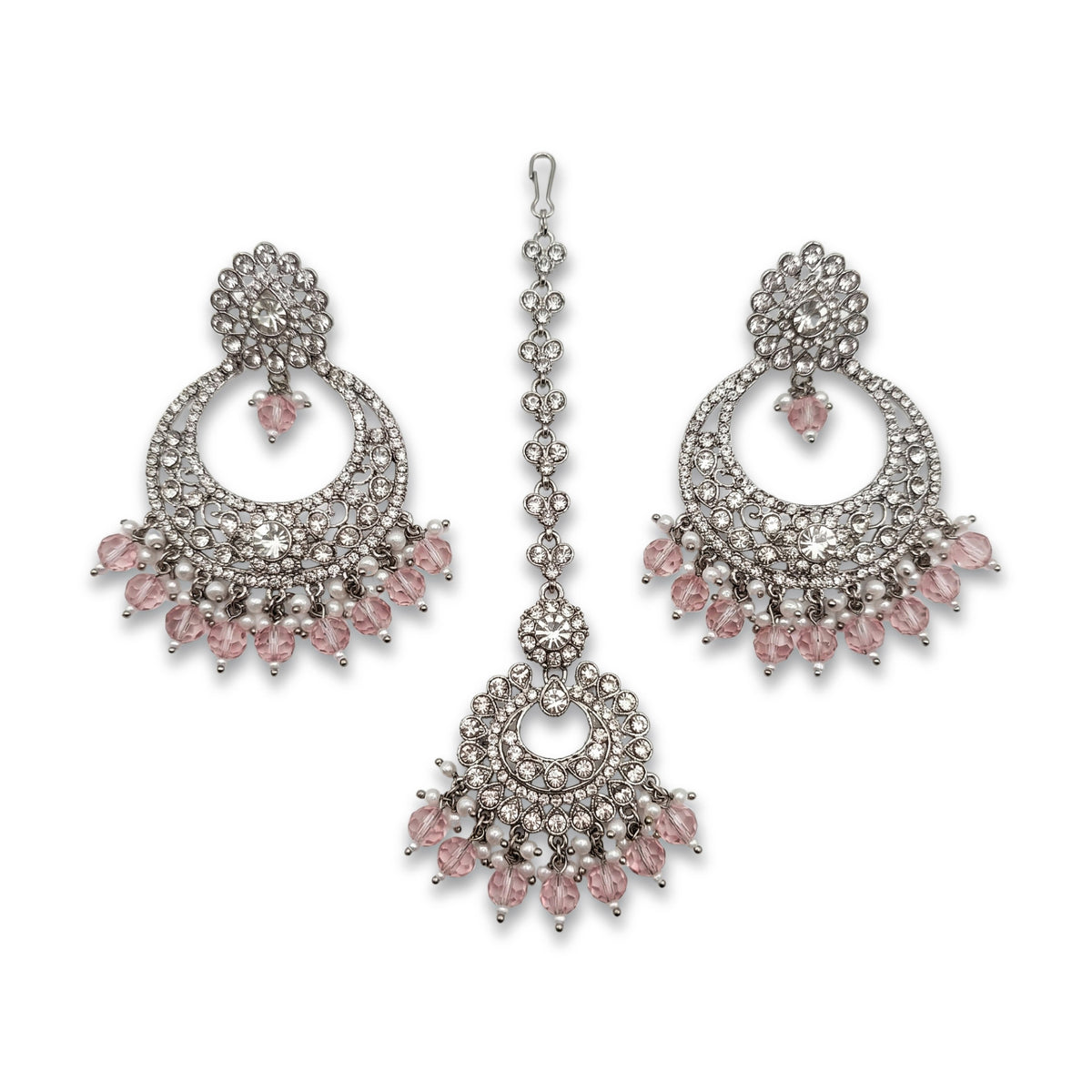silver and baby pink earrings tikka set