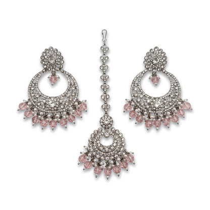 silver and baby pink earrings tikka set