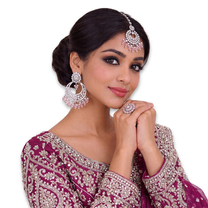 silver and baby pink earrings tikka set