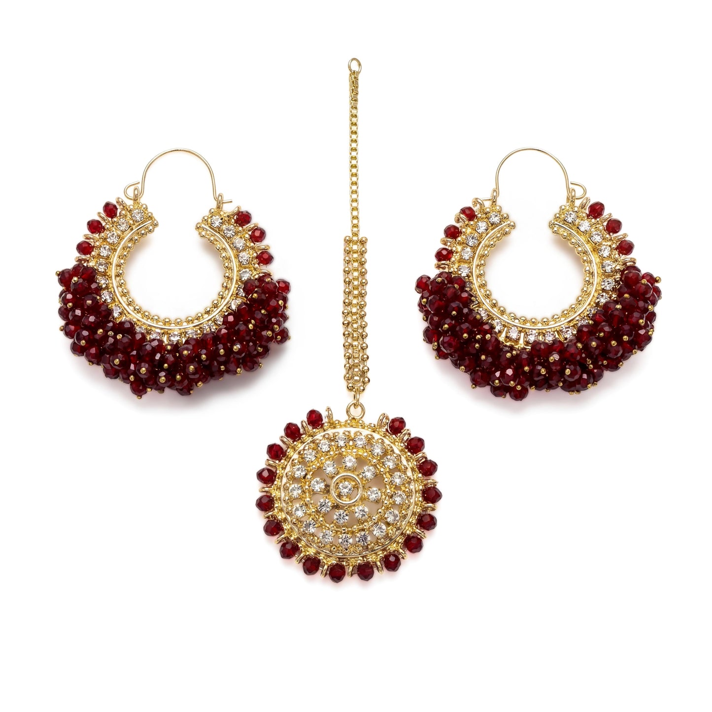 maroon chand bali earrings and maang tikka set on a white background - fron view - trending pakistani jewellery. 