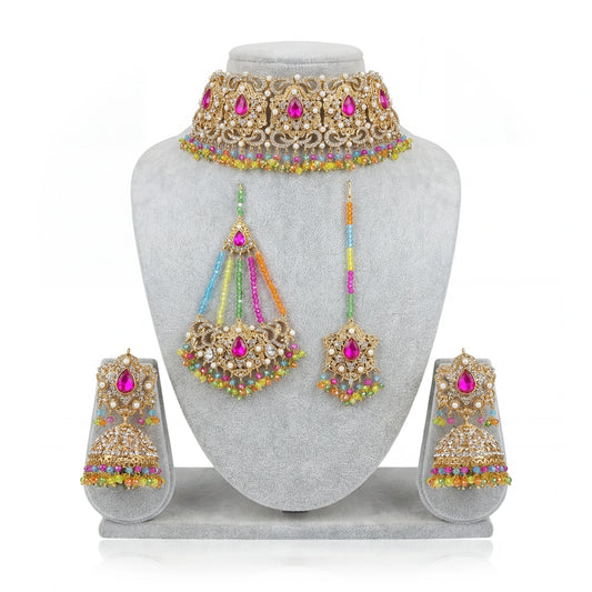 Multi-Coloured Silver Choker Set with Earrings on a grey jewellery display — view 1