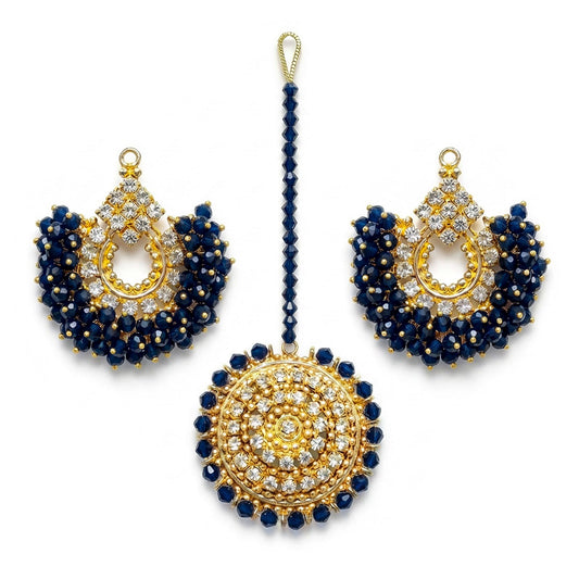 Navy blue Chand Bali earrings with Maang Tikka - Pakistani jewellery set for weddings and parties