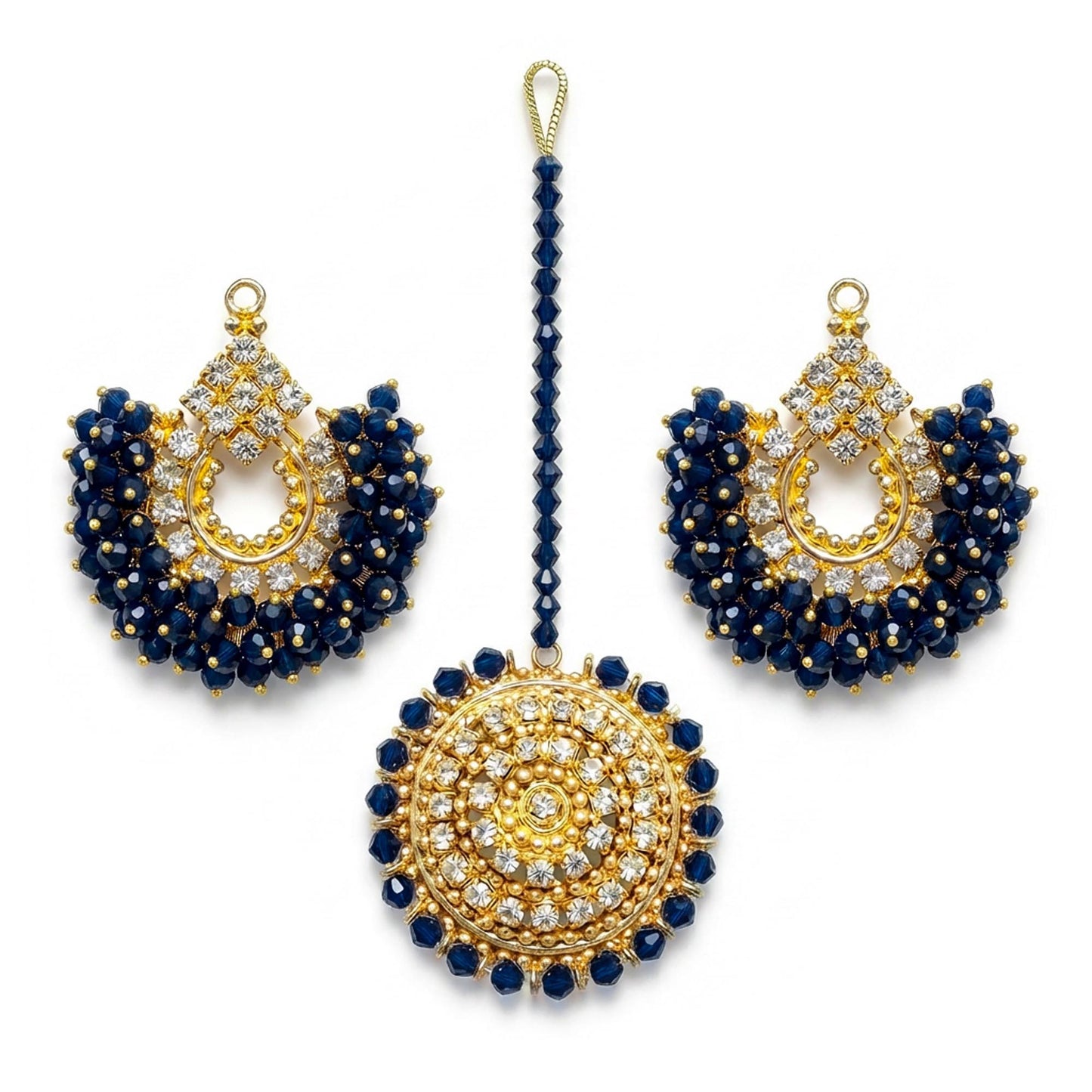 navy blue chand bali earrings with maang tikka - pakistani jewellery set for weddings and parties