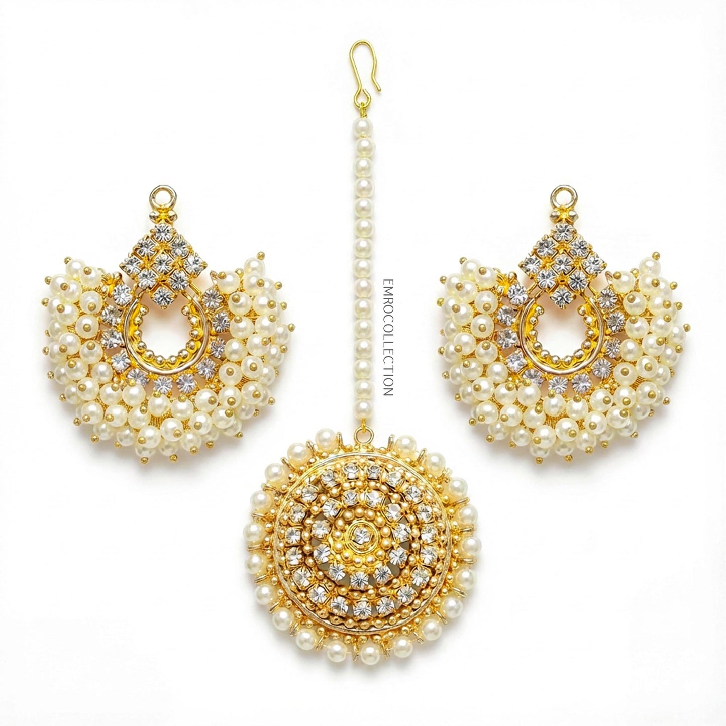 off-white pearl chand bali earrings with maang tikka - pakistani jewellery set for weddings and parties