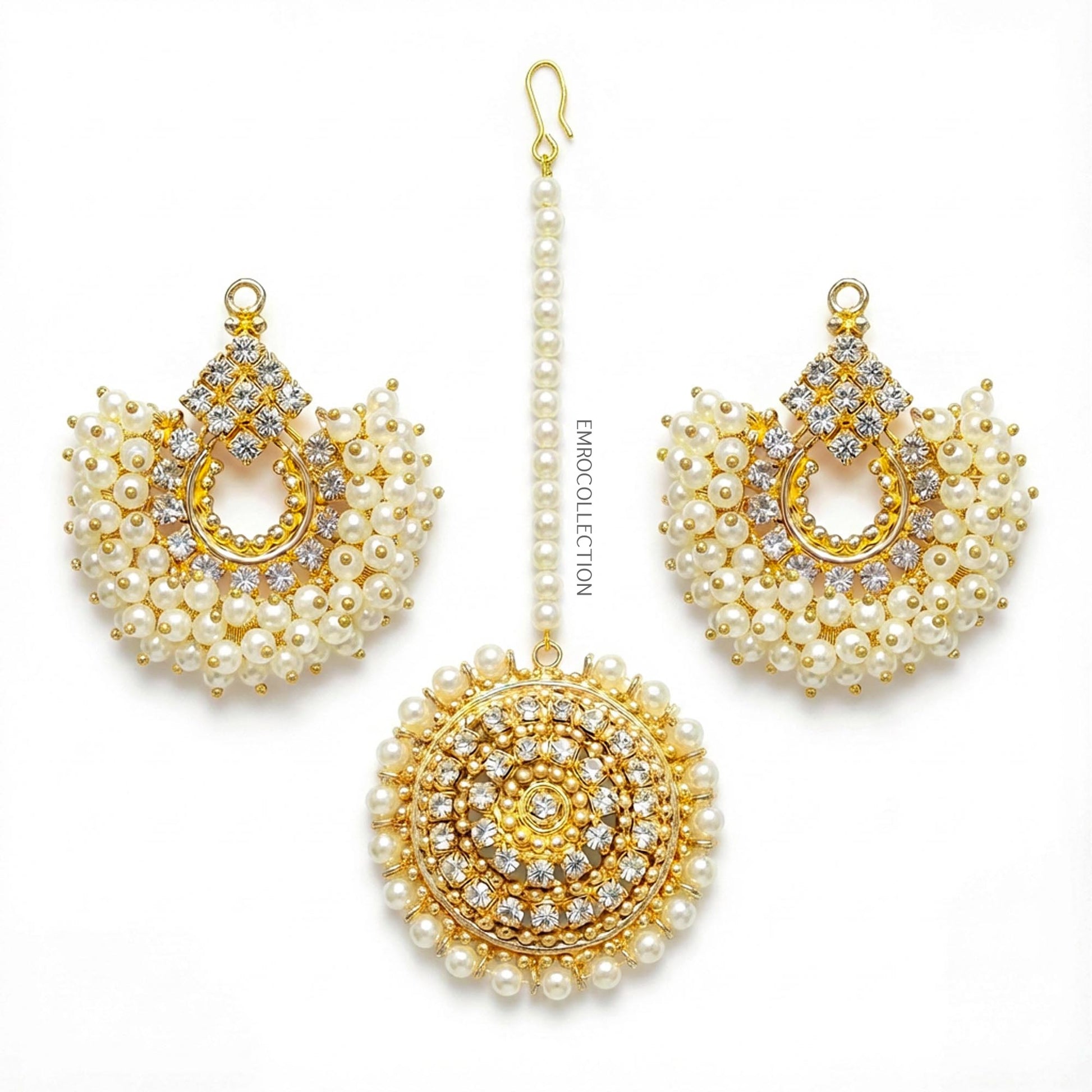Off-white pearl Chand Bali earrings with Maang Tikka - Pakistani jewellery set for weddings and parties
