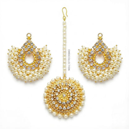 Off-white pearl Chand Bali earrings with Maang Tikka - Pakistani jewellery set for weddings and parties