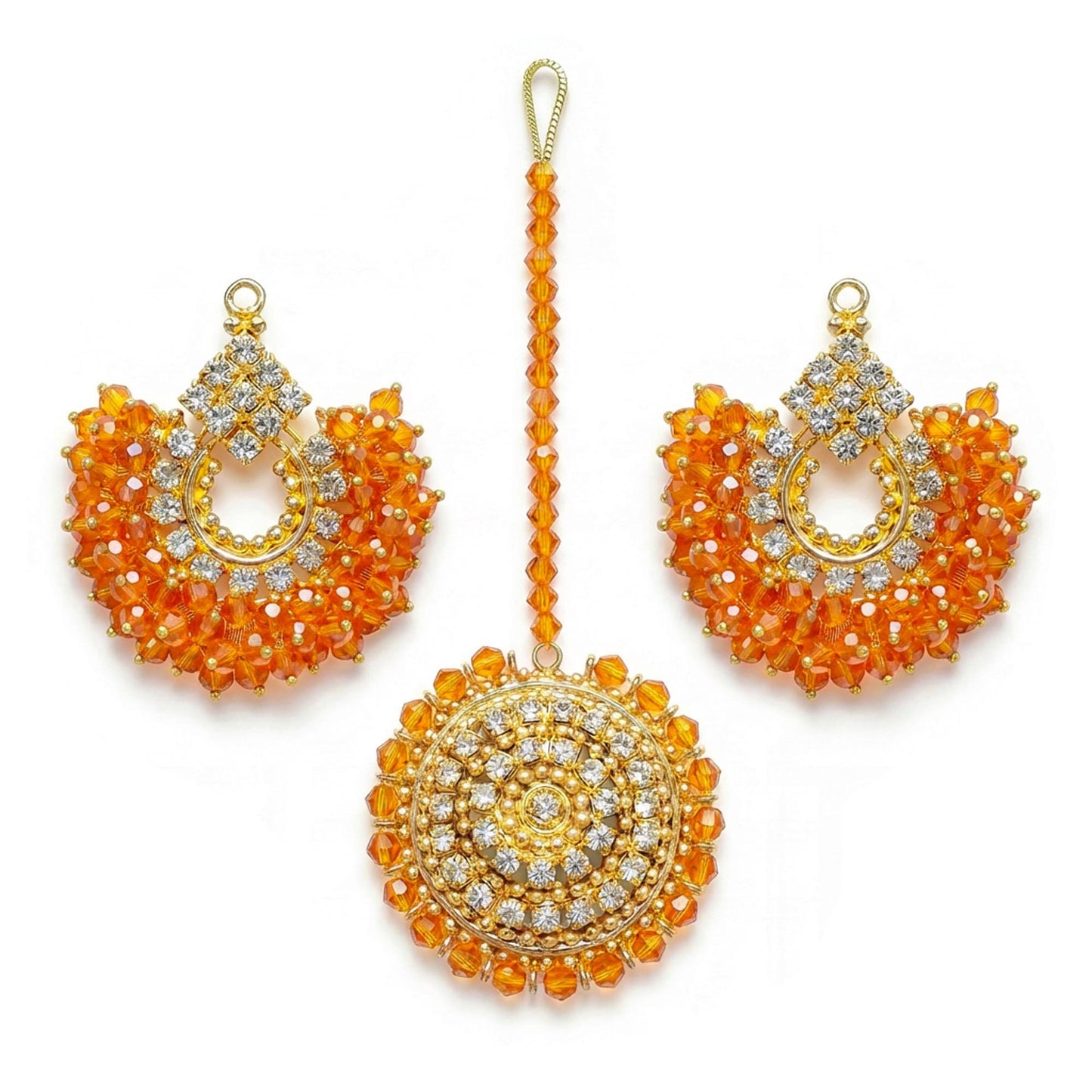 pakistani jewellery - orange chand bali earrings tikka on a white background