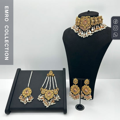 Champagne beaded choker necklace set with maang tikka and jhoomar detail indian jewellery