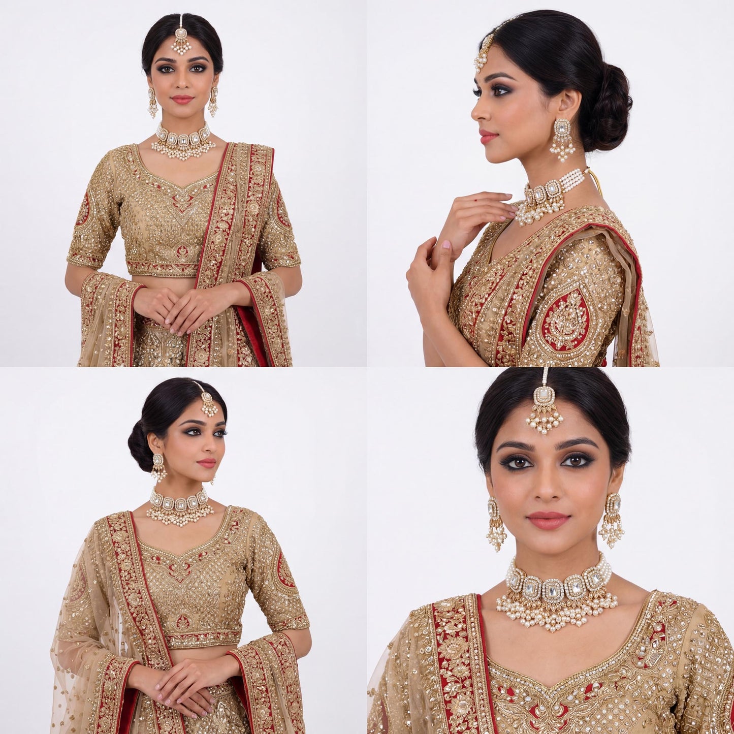 model wearing off white pearl choker set with matching earrings and maang tikka traditional pakistani jewellery styling
