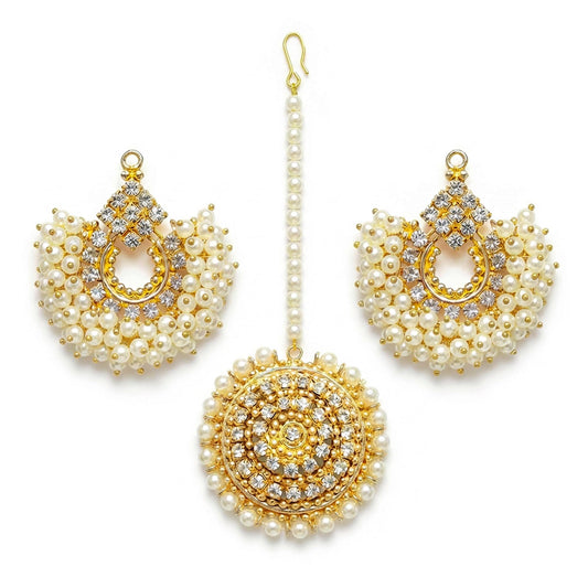 Off-white pearl Chand Bali earrings with Maang Tikka - Pakistani jewellery set for weddings and parties