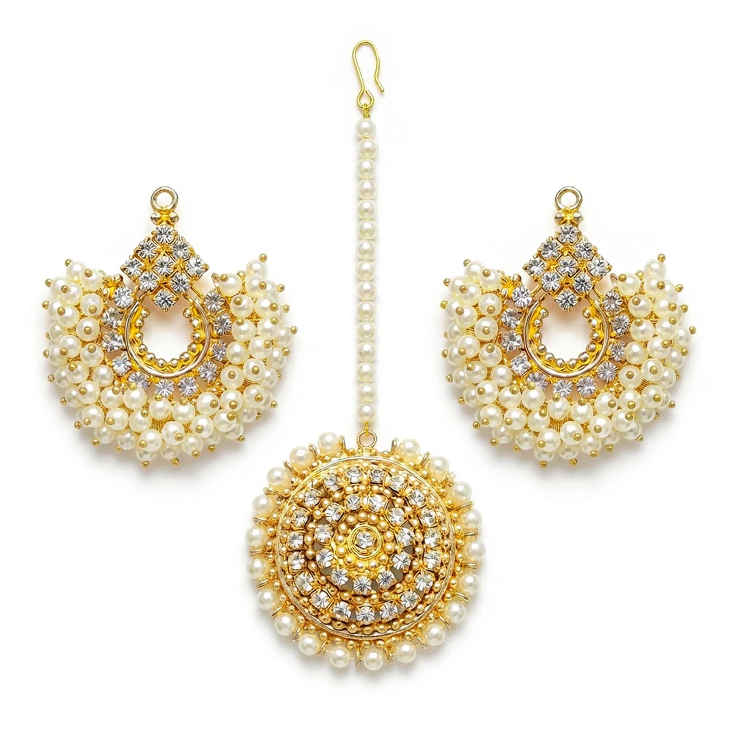 off-white pearl chand bali earrings with maang tikka - pakistani jewellery set for weddings and parties