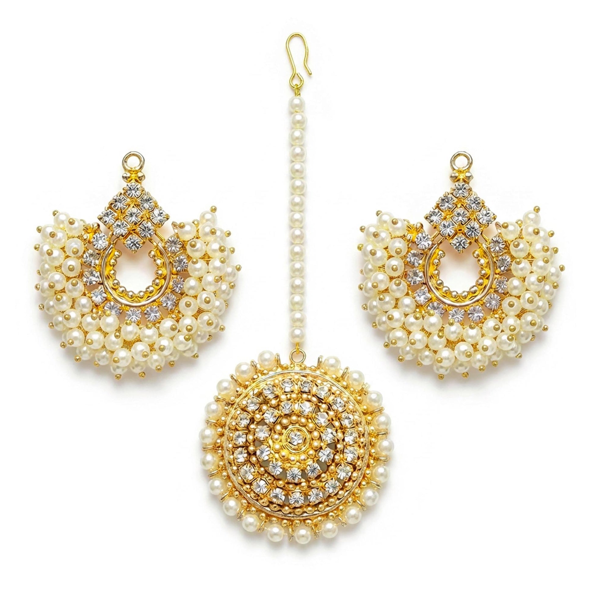 Off-white pearl Chand Bali earrings with Maang Tikka - Pakistani jewellery set for weddings and parties