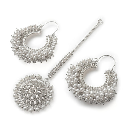 Silver white Chand Bali earrings with Maang Tikka. pakistani trending earrings tikka