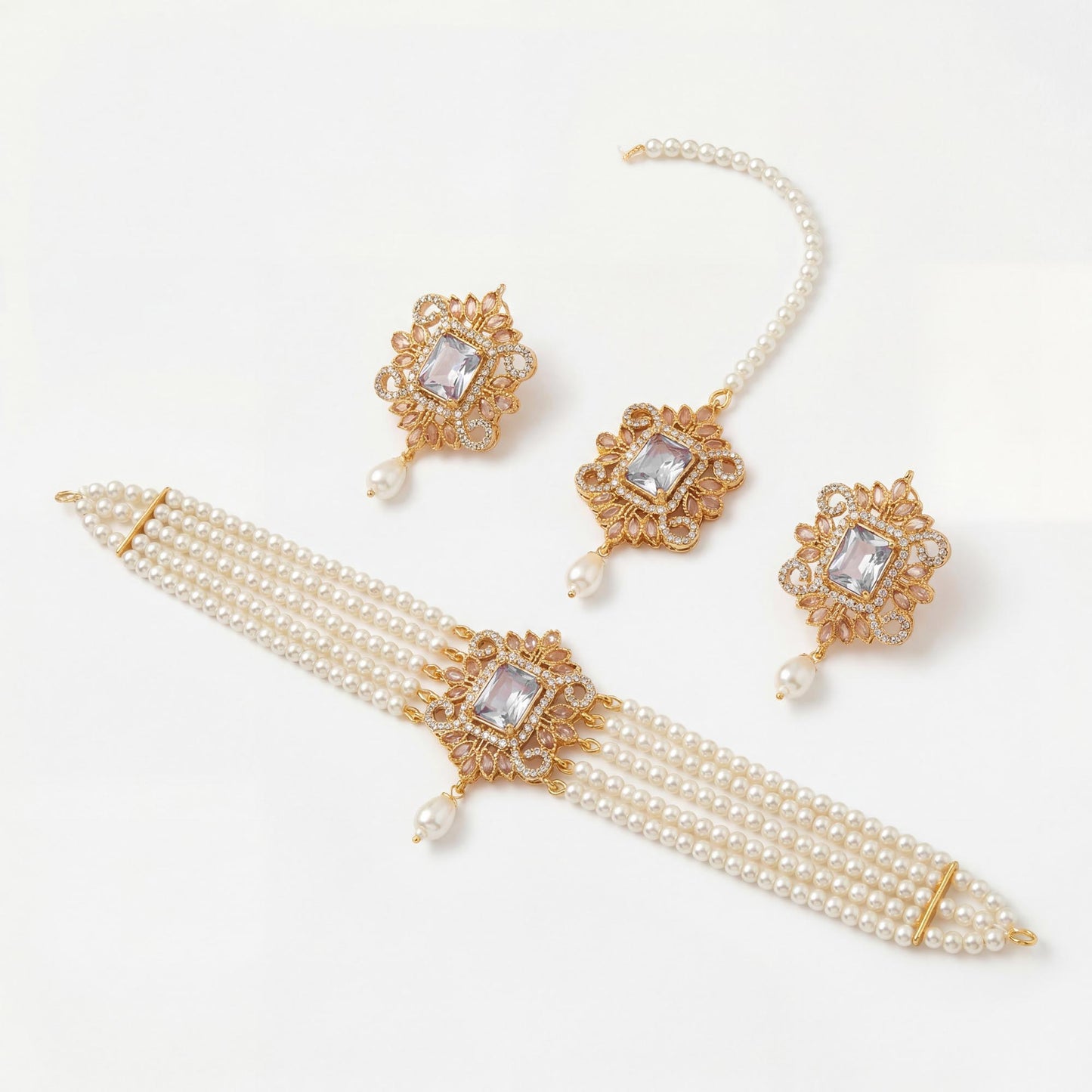 simple off white pearl choker jewellery set arranged on clean white background elegant pakistani jewellery look