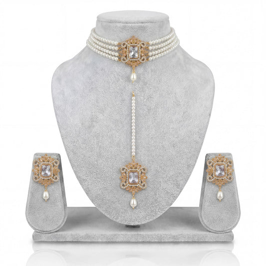 Off white pearl choker set displayed on light grey velvet dummy showcasing elegant pakistani jewellery design