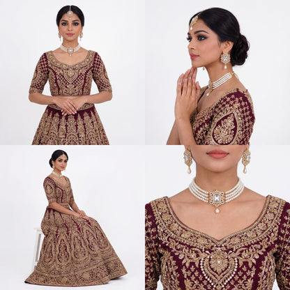 Model wearing off white pearl choker set with matching earrings and maang tikka traditional pakistani jewellery styling