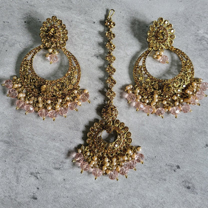 Pink earrings tikka set, baby pink earrings, wedding jewellery, High quality Indian jewellery. suitable for wedding and parties