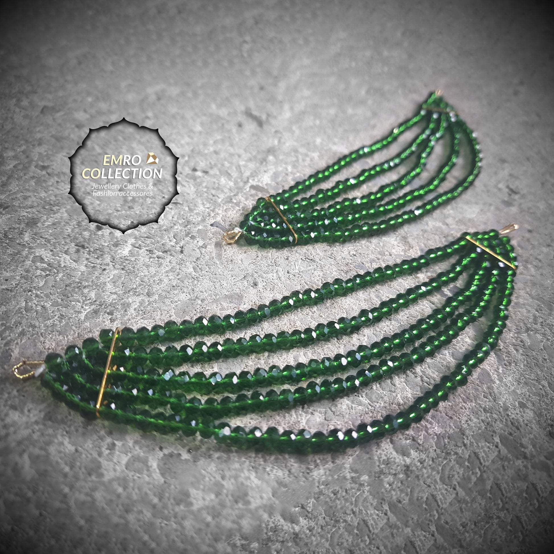 Green Saharay earrings with crystal beads and a detachable 6-inch Kaan chain, ideal for Pakistani and Indian traditional wear